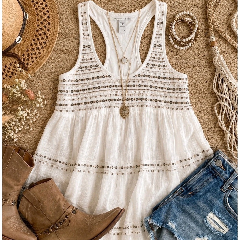 American Rag Beaded Sequin Tank Top Small Boho Fairycore Babydoll Tunic Festival